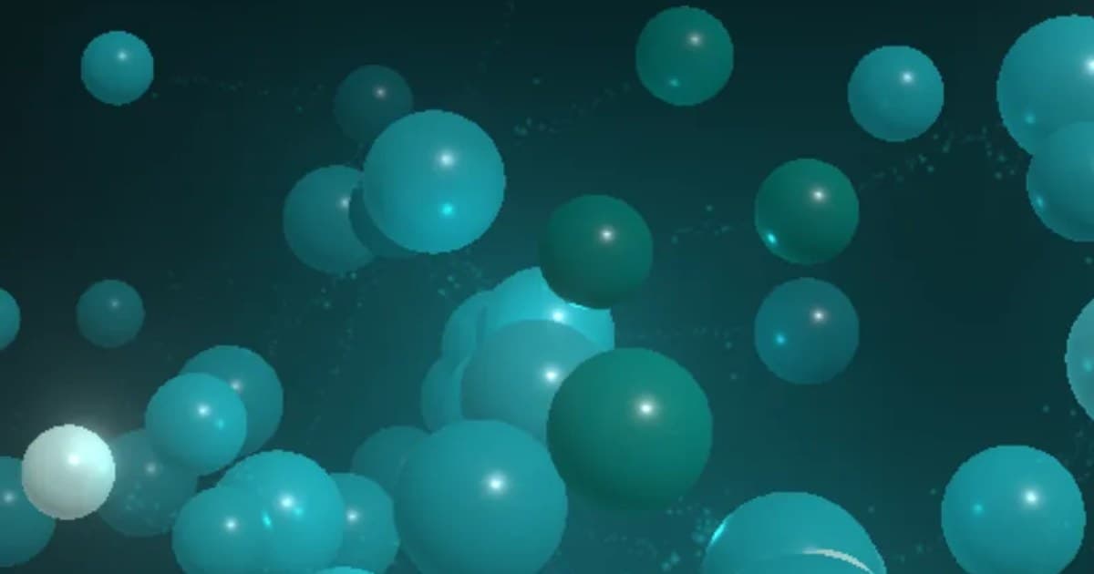 Structure atomique lumineuse sur fond bleu nuit, des sphères reliées par des tiges